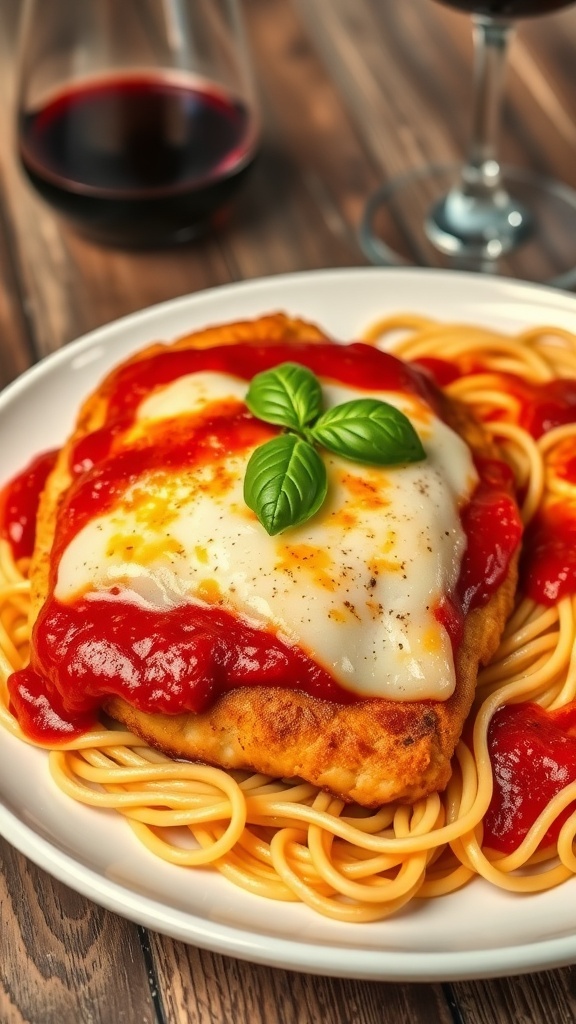 A plate of chicken parmesan with marinara sauce and melted cheese, garnished with basil, served with spaghetti.
